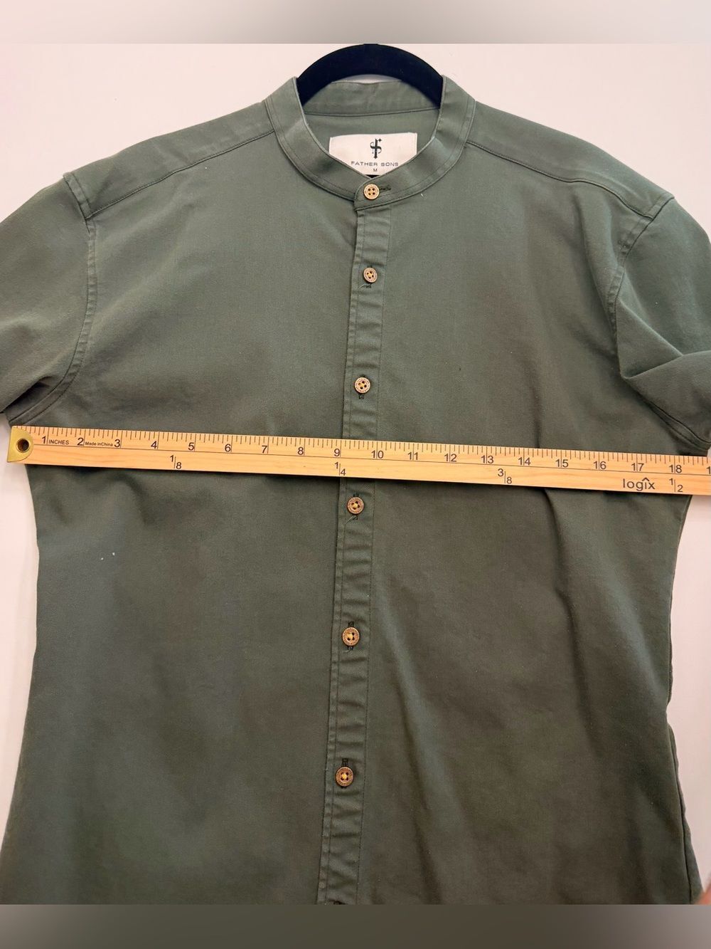 Father & Sons Olive Green Stretch Slim Fit Mandarin Grandad Collar Shirt M - Picture 7 of 9